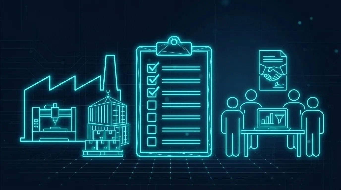 Dark-navy line-art illustration: a factory with a sawtooth roof, a CNC machine, a shipping container and a pallet of boxes on the left; a large clipboard checklist with nine tick boxes, three of them ticked, in the centre; and on the right four faceless agency people behind a table with a laptop showing a bar chart and a funnel, under a handshake icon on a contract outline