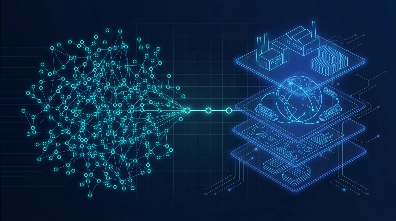 Abstract dark-navy blueprint illustration: a glowing professional network graph on the left narrowing through stage markers into an industrial export pipeline with factories, containers and a wireframe globe on the right