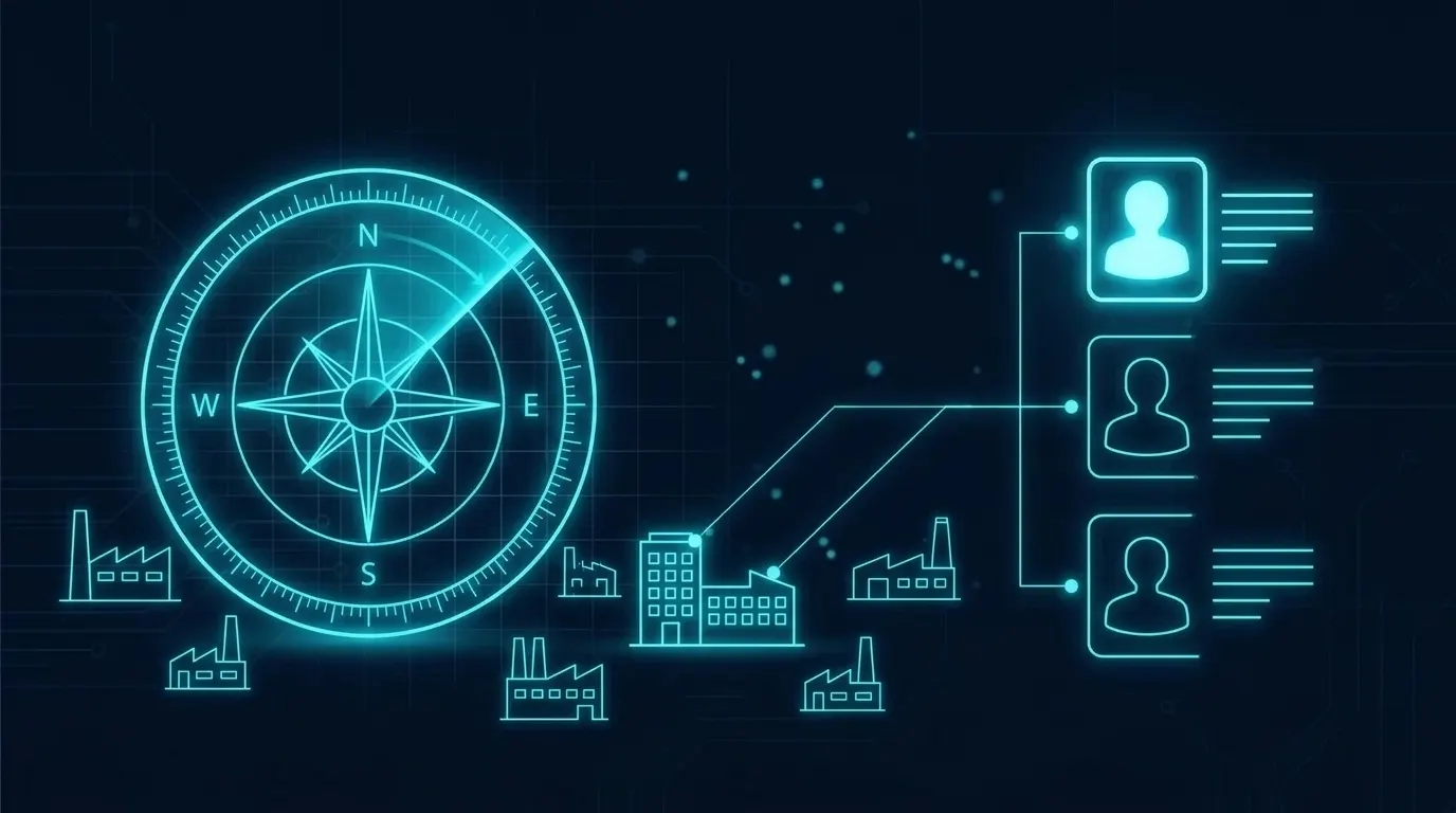 Abstract dark-navy blueprint illustration: a glowing compass sweeping across a field of small factory outlines, with one highlighted company connected by thin lines to three contact cards, the top one brightest