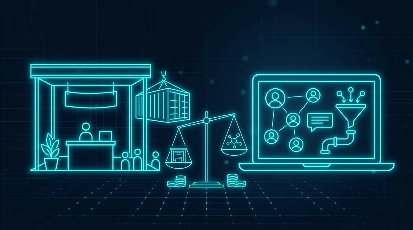 Dark-navy line-art illustration: a trade fair booth with a counter, a hanging banner and a shipping container on the left, a laptop showing a professional-network graph and a lead funnel on the right, and between them a glowing balance scale weighing a booth icon against a network icon, with coin stacks under each pan