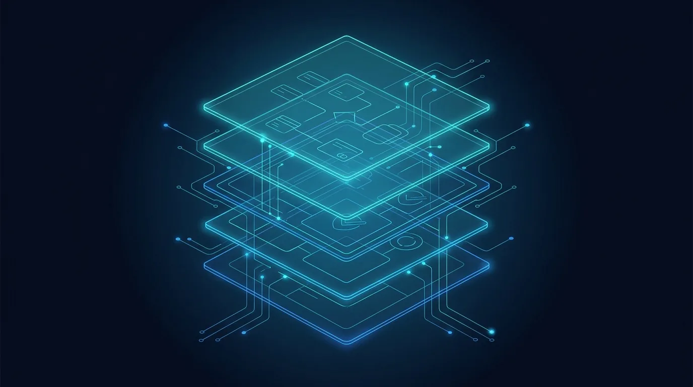 Bir fintech ürününün mimarisi — iş modeli, ürün mantığı, uyum akışı ve operasyon katmanları üst üste duran ışıklı paneller olarak